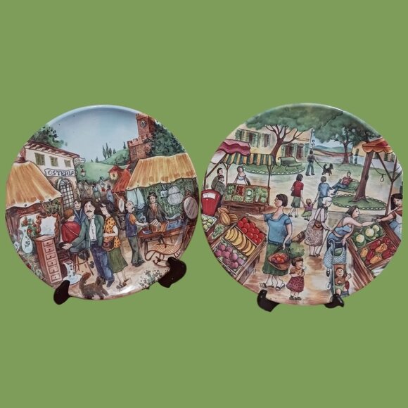 Brunelli Market Scene Italian Plates set of 2 - Picture 1 of 7
